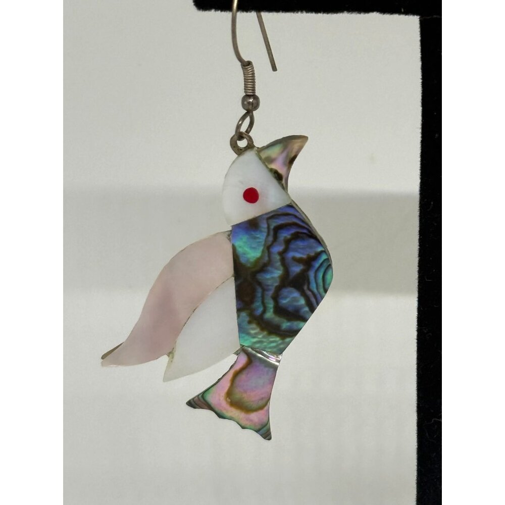 Vintage Alpaca Mexico Abalone & Mother of Pearl Bird French Hook Dangle Earrings - Picture 2 of 5